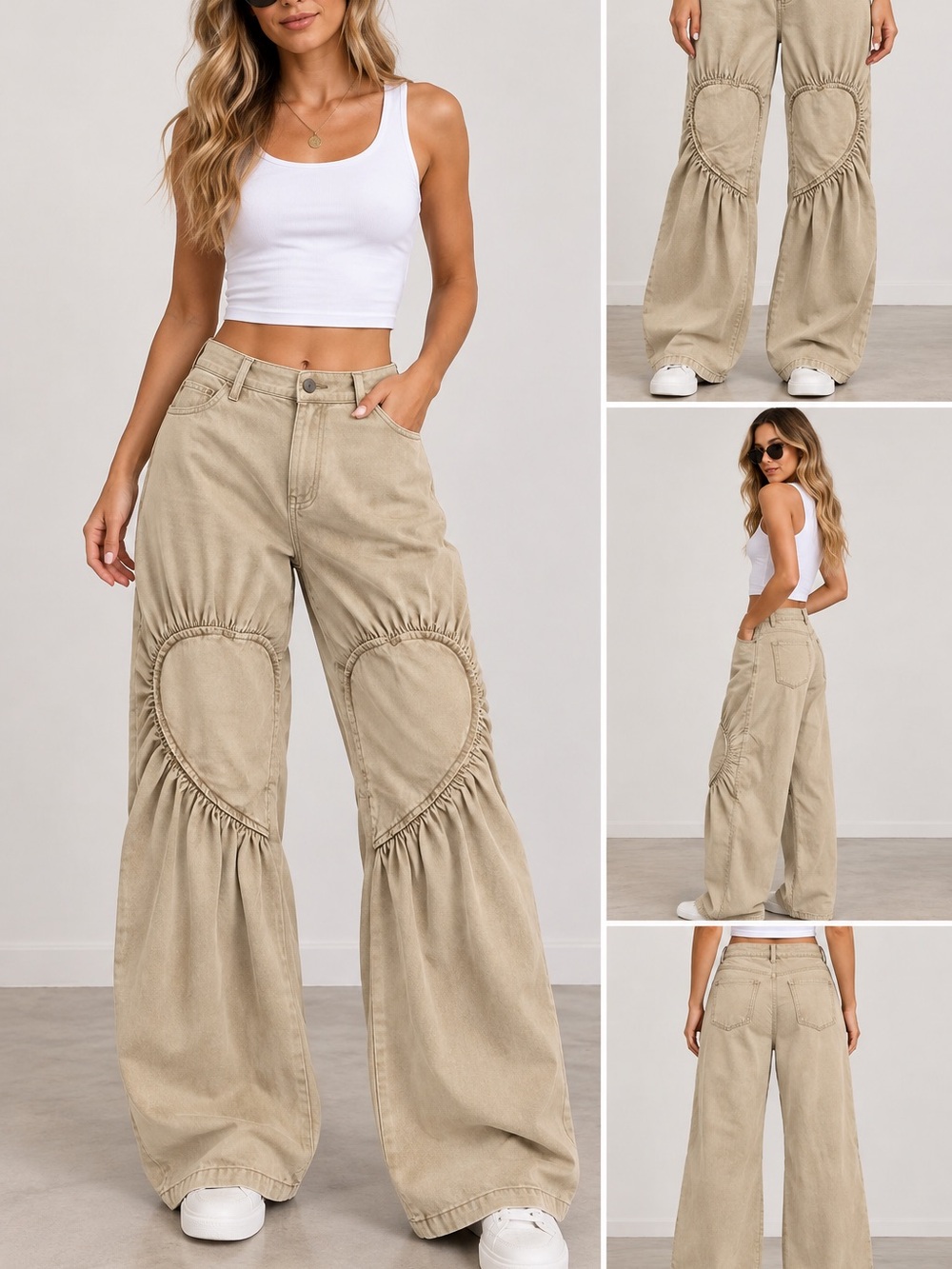 050.New Wide Leg Heart-Detail Pants in Khaki - Women